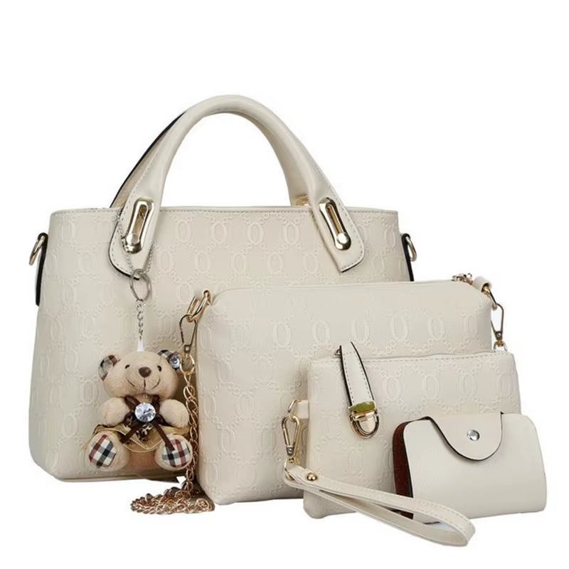 طقم حقائب نسائية فاخر من الجلد الصناعي 4 قطع (حقيبة يد، كتف، كروس، ومحفظة)